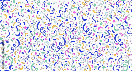 Confetti curling streamers seamless pattern illustration. Party surprise. Repeat fill background. Tileable decorative graphic. All over print vector design in flat 2D style. Endless motif composition