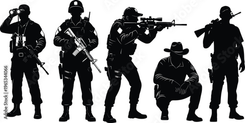 Military soldier silhouette set featuring tactical special forces operators with rifles binoculars and gear isolated on white background for army and combat design