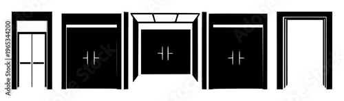 Solid black icon, white background: elevator icon set with simple line art design featuring sketches, drawings, vector graphics with minimalist and simple illustrations