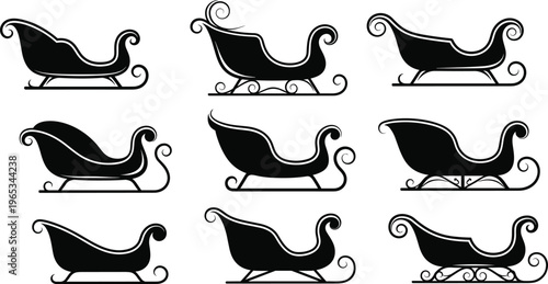 Christmas Santa sleigh silhouette set featuring various vintage sled designs with decorative swirls isolated on white background for winter holiday and festive graphic design