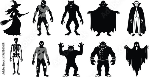Halloween monsters silhouette set featuring witch zombie werewolf vampire skeleton ghost and demon characters isolated on white background for spooky holiday graphic design