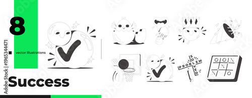Funky playful flash messages success line illustration pack. Solving problem. Slam dunk. Ice cream. Chick hatching. Done UI states. Mobile web design. Black white vector concept set. Micro UX scenes