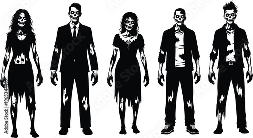 Five creepy black and white zombie silhouettes of men and women in ragged clothing for horror apocalypse Halloween and undead themed vector illustrations.