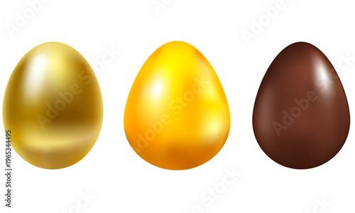 Realistic Set of Different Eggs Golden, Yellow, Chocolate Easter Eggs 3D Egg Vector Template on a Transparent Background