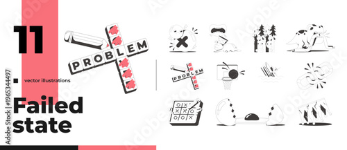 Funky groovy flash messages fail line illustration pack. Broken objects. Mistake result. Ship sinking. Mobile UI empty states. Error web design. Black and white vector concept set. Micro UX scenes