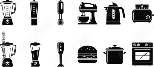 Kitchen appliances silhouettes collection with blender mixer kettle toaster oven and cooking equipment vector illustration set
