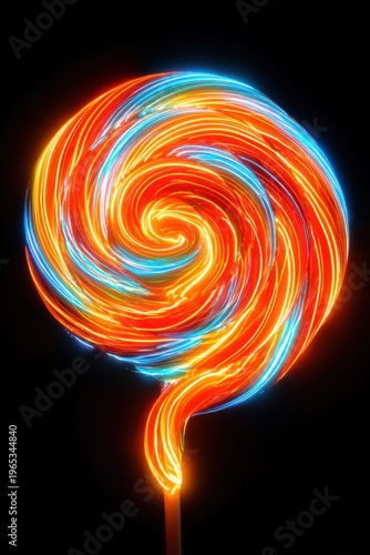 Vibrant neon lollipop swirl with glowing orange and blue light trails on black background
