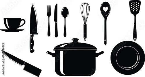 Kitchen utensils and cookware silhouette collection with knives pot spoon whisk and tableware vector illustration set