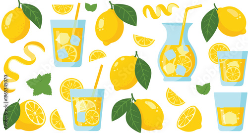 Lemon pattern collection with fresh citrus fruits and lemonade drinks summer refreshing seamless vector illustration set