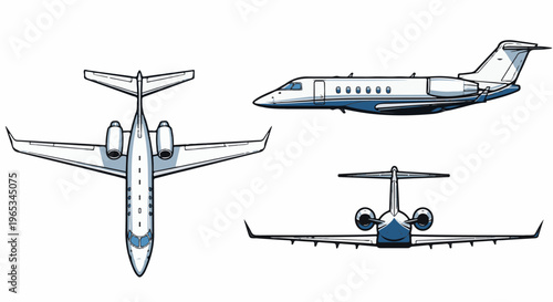 Three views of a blue and white jet airplane top, side, and rear