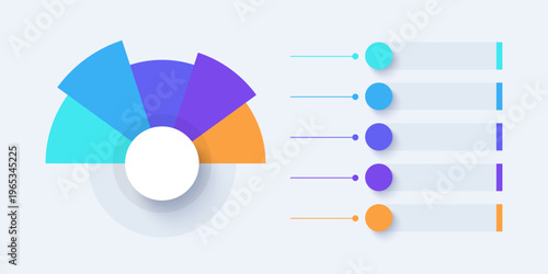 Semicircular pie chart divided into 5 colored sectors. A blank template for visualizing data based on the five-characteristics concept.