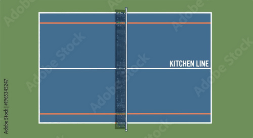 Top-down view of a blue pickleball court with net and markings