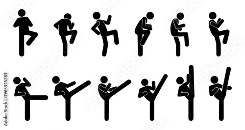 Stickman Martial Arts Kick Poses Set – Dynamic Fighting and Self Defense Minimal Vector Illustration Collection.
