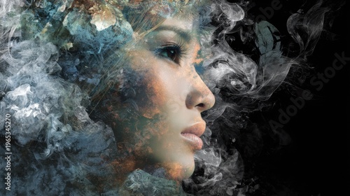 Asian woman portrait with double exposure of abstract smoke and dark textures. Artistic digital composition blending human face with ethereal clouds. Concept of mystery and fantasy.