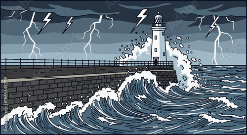 Towering lighthouse braves violent storm with crashing waves and lightning strikes