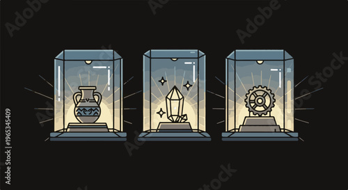 Three glass display cases each containing a unique artifact