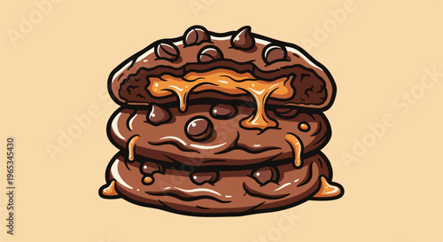 Three gooey chocolate chip cookies stacked high, dripping with caramel