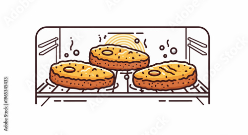 Three golden-brown baked goods cooling on an oven rack