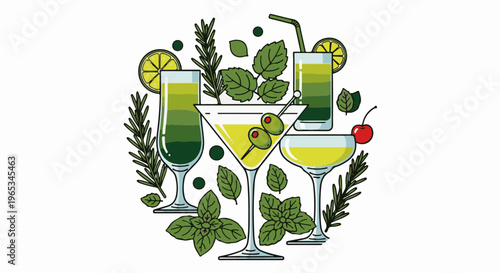 Three green cocktails garnished with olives, lime, cherry, and herbs