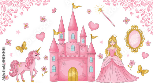 Princess fairy tale scene with pink castle unicorn magic wand and royal elements vector illustration background