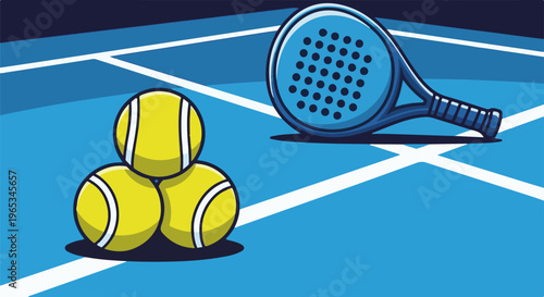 Tennis racquets and balls on a blue court