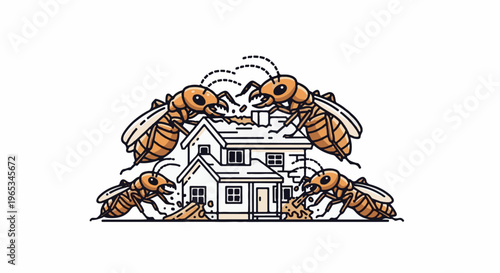 Termites attacking a small house causing structural damage