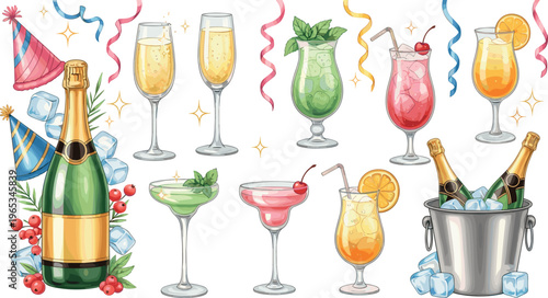 Festive party drinks and champagne celebration set with cocktails glasses ribbons confetti ice bucket and bottle vector illustration collection