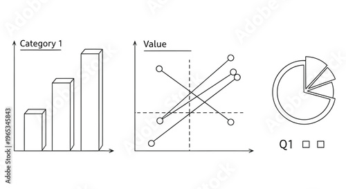 Line graph bar chart and pie chart illustrations in a minimalist style