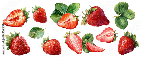 Red strawberries with scattered green leaves, shown whole and sliced halves in vibrant watercolor style, ideal for food, summer, health, and fresh produce designs