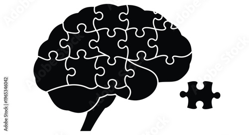 A black silhouette of a human brain composed of puzzle pieces one missing