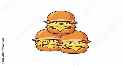 Three appetizing breakfast burgers stacked high with bacon, cheese, and egg