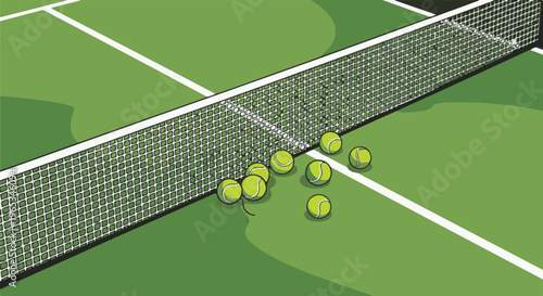 Tennis court with net and scattered balls, green grass, white lines