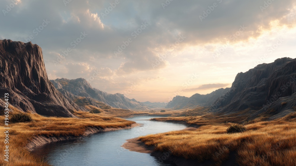 Obraz premium River flowing through a mountain valley at sunset. Golden grass field in a rocky canyon with dramatic sky. Peaceful wilderness landscape for travel and nature conservation concept.