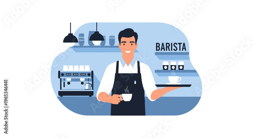 Vector illustration of a smiling male barista in a black apron holding a cup and a serving tray with coffee. Modern cafe interior with an espresso machine and takeaway cups.