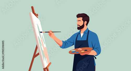 Vector illustration of a bearded male artist wearing a blue shirt and apron, holding a paint palette and brush while working on a white canvas placed on a wooden easel.