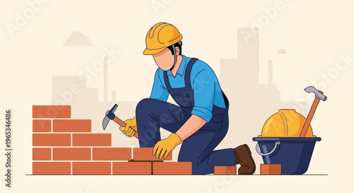 Flat vector illustration of a construction worker in blue overalls and yellow hard hat laying red bricks to build a wall, featuring a mason with tools on a city background.