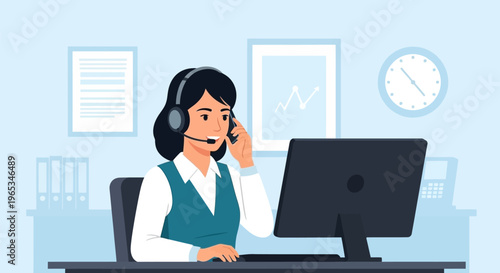 Vector illustration of a female call center agent wearing a headset and working at a desk with a computer monitor, wall clock, and data charts in a professional office environment.