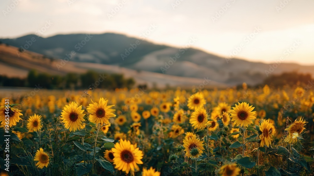 Obraz premium Field of yellow sunflowers blooming under golden sunset light. Scenic rural landscape with hills in background. Seasonal botanical nature scene for summer background and agricultural harvest.