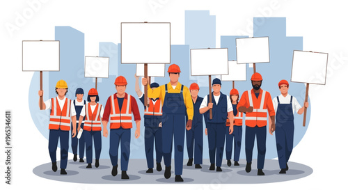 Vector illustration of a diverse group of male and female industrial workers wearing hard hats and high-visibility vests marching while holding blank white placards and signs.