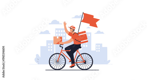 Vector illustration of a delivery man in an orange shirt riding a red bicycle with a thermal backpack and flag, waving while carrying a parcel against a city skyline background.