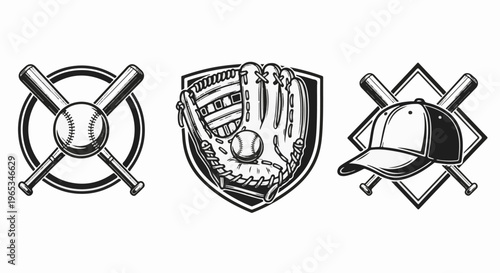 Three baseball-themed emblems crossed bats, glove with ball, and cap with bats