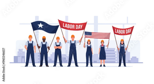 Vector illustration of a diverse group of factory workers wearing blue overalls and hard hats, holding Labor Day banners and American flags against an industrial background.