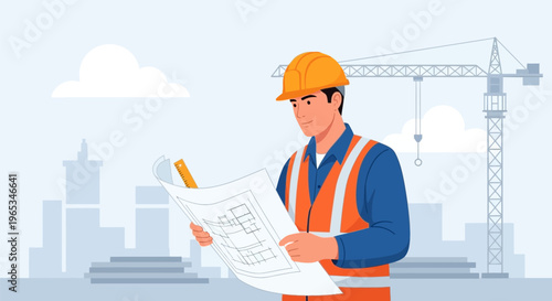Flat vector illustration of a male civil engineer wearing an orange hard hat and safety vest while reviewing a blueprint plan on a construction site with a crane and city background.