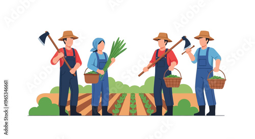 Flat vector illustration of four farmers in a cultivated field holding garden hoes and baskets of harvested produce, wearing straw hats and overalls on a white background.