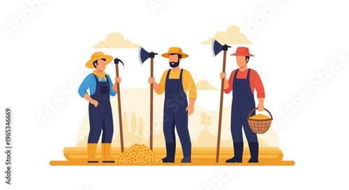 Three male farmers wearing hats and denim overalls holding manual farming tools like hoes and axes in a rural landscape vector illustration. Men standing near a pile of grain.