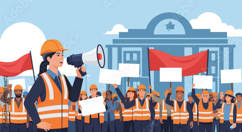 Vector illustration of a female worker in a safety vest and hard hat leading a labor strike, speaking into a megaphone in front of a diverse crowd holding red flags and blank placards.