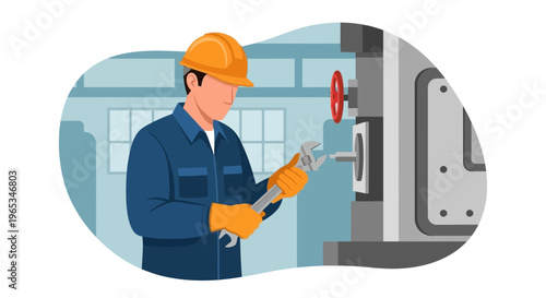 Vector illustration of a male industrial technician in a yellow hard hat and blue workwear using an adjustable wrench to repair heavy machinery in a factory workshop environment.