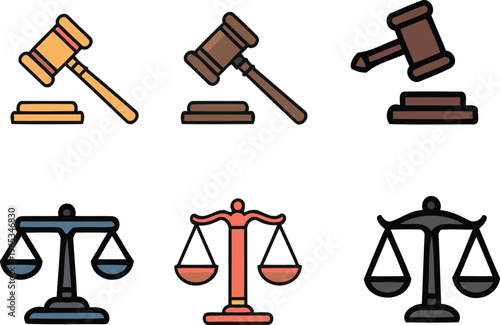 Justice, law icons, gavel, scales of justice, legal symbols, courtroom illustrations