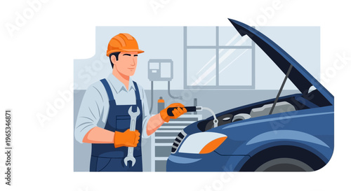 Vector illustration of a male automotive mechanic wearing an orange hard hat and blue overalls holding a large wrench while inspecting a car engine under an open hood in a repair shop.
