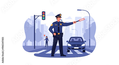 Vector illustration of a male police officer in a blue uniform directing traffic at a city crosswalk with a whistle and a red signaling baton near a car and traffic light.